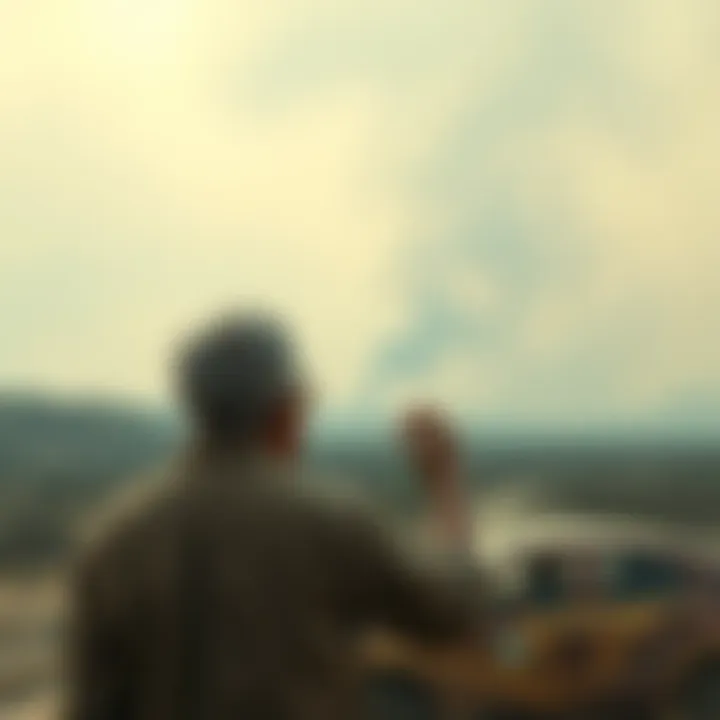 A worried Texas resident looks out over a barren landscape with smoke in the distance and a mask in hand, symbolizing fear of health crises and wildfires.