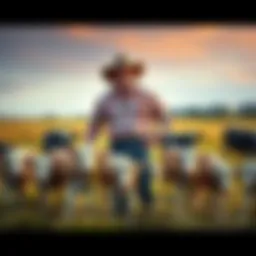 A Texas farmer stands in a field with several stillborn calves, looking concerned. In the background, a data center can be seen.