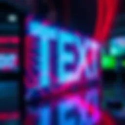 A digital display showing text transforming into colorful video visuals, illustrating the concept of a text-based videosynthesizer.
