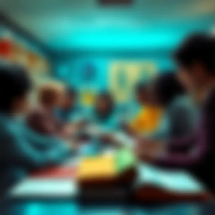 A group of people discussing textbooks and sharing ideas at a table with books spread out