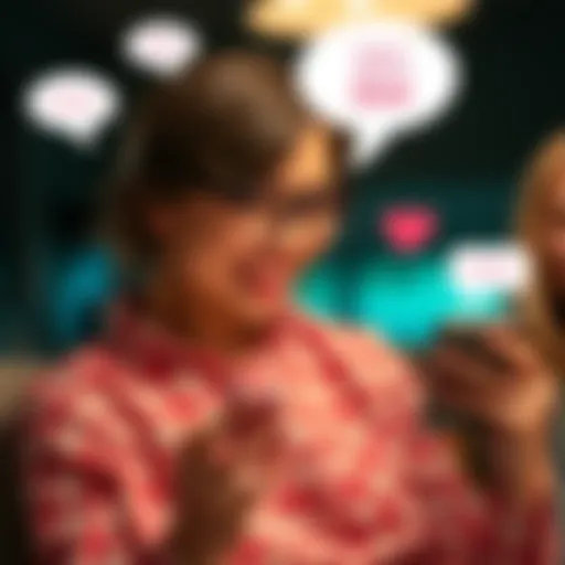 A person smiling while texting on their phone, surrounded by playful message bubbles, conveying a light-hearted conversation with their mom.