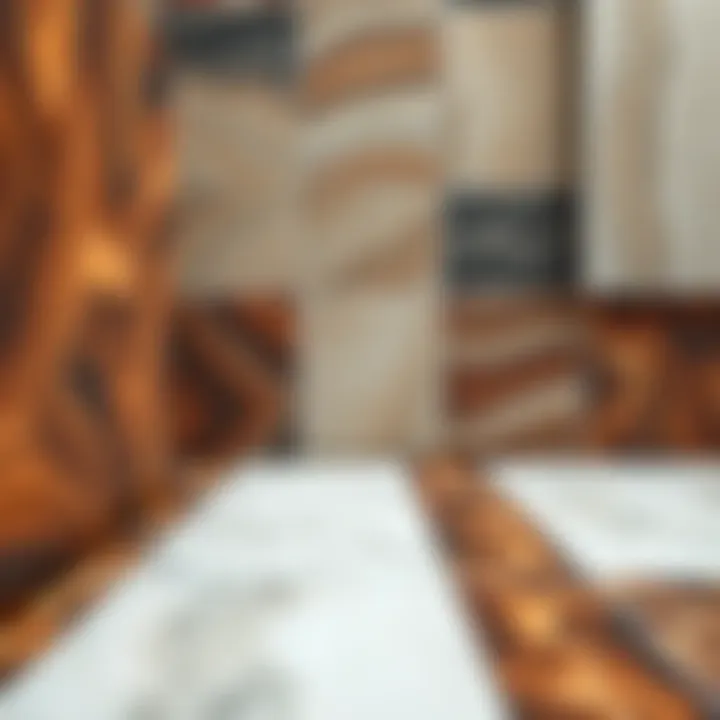 A close-up view of various textured tiles arranged artistically, highlighting different patterns and colors.