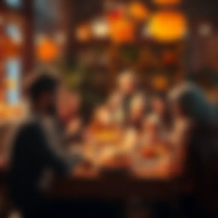 Families and friends celebrating Thanksgiving together in Replikatown, sharing a meal and expressing gratitude.