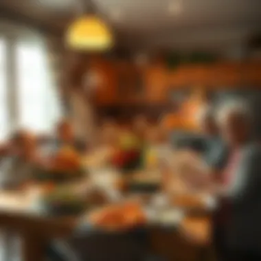 Thanksgiving dinner at Grandma's kitchen A warm family gathering around a table filled with traditional Thanksgiving dishes like turkey, stuffing, and pumpkin pie at Grandma's house