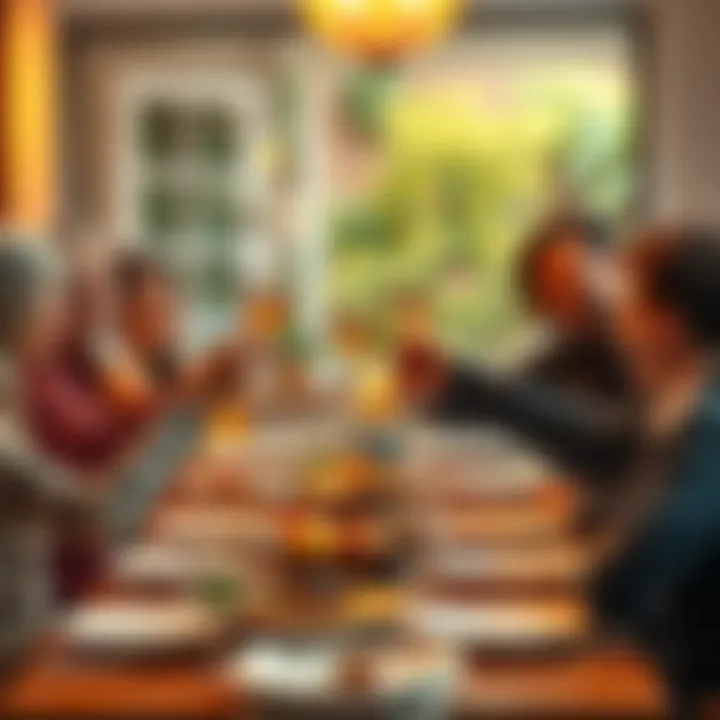 A family gathered around the dinner table raising glasses for a Thanksgiving toast, expressing gratitude together.
