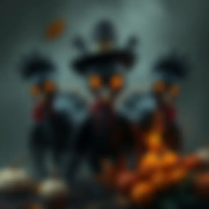 A dark-themed artwork featuring three eerie turkey characters with sinister expressions, surrounded by traditional Thanksgiving elements.