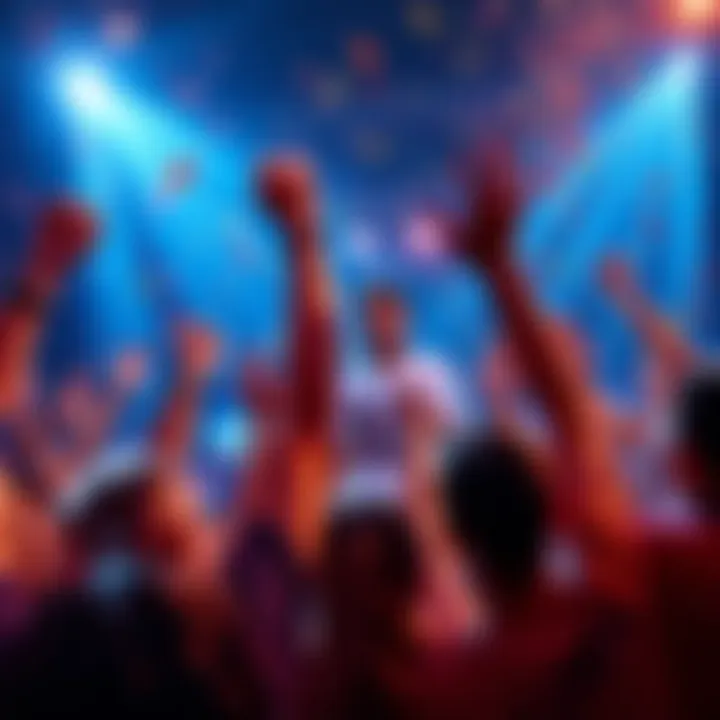 A lively Thanksgiving gathering with people cheering and celebrating a big win together.