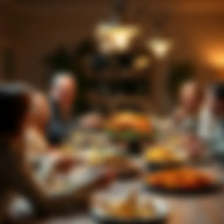 A lively family gathering around a dining table filled with Thanksgiving dishes, laughter, and joy.