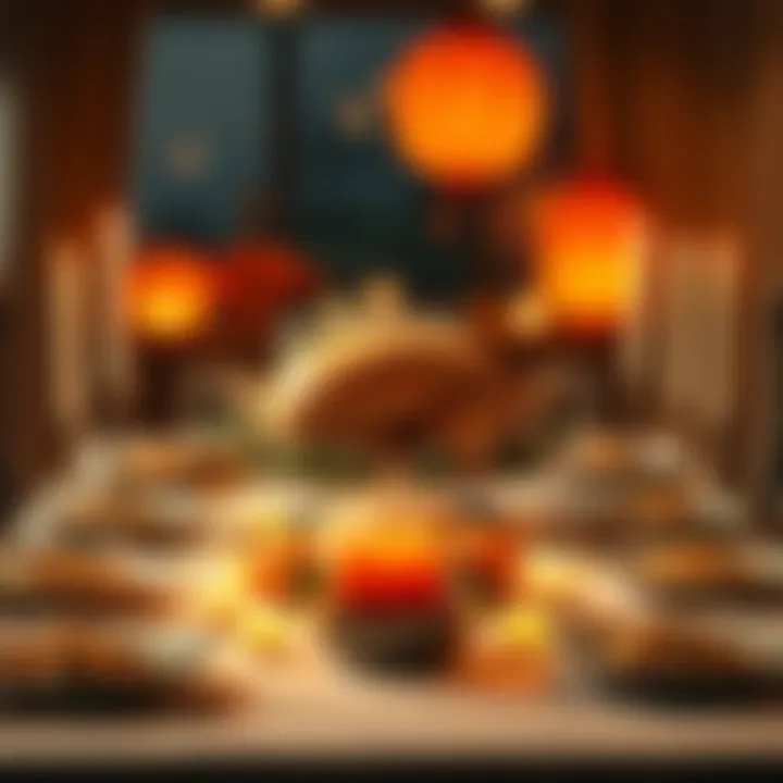 A beautifully set table with a turkey, side dishes, and candles, surrounded by family and friends celebrating Thanksgiving together.