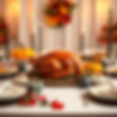 A beautifully set table with a roasted turkey, side dishes, and festive decorations for Thanksgiving celebrations.