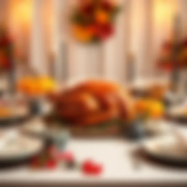 A beautifully set table with a roasted turkey, side dishes, and festive decorations for Thanksgiving celebrations.