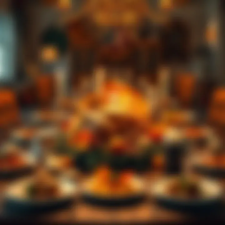 A beautifully decorated Thanksgiving dinner table with a turkey centerpiece surrounded by traditional side dishes and autumn decorations.