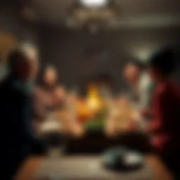A family gathered around a table filled with Thanksgiving food, engaged in a conversation about artificial intelligence, showing a mix of acceptance and concern.