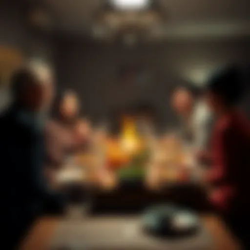 A family gathered around a table filled with Thanksgiving food, engaged in a conversation about artificial intelligence, showing a mix of acceptance and concern.