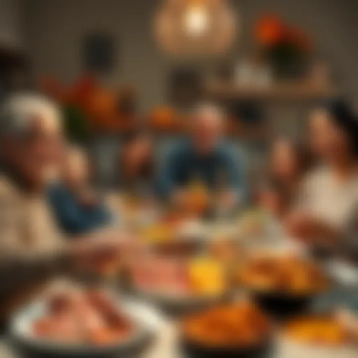 A family gathered around a table filled with Thanksgiving food, sharing smiles and enjoying their meal together.