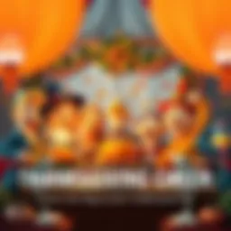 A cheerful gathering of Replicuties characters celebrating Thanksgiving with decorations, food, and joyful expressions.