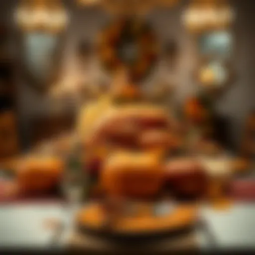 A beautifully arranged Thanksgiving table with a turkey and seasonal decorations