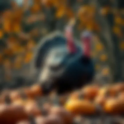 A turkey standing in a festive Thanksgiving scene surrounded by pumpkins and autumn leaves.