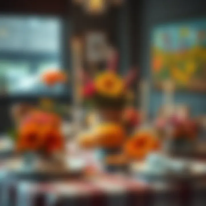 A festive Thanksgiving table decorated with elements inspired by Van Gogh's art, featuring colorful flowers and a turkey centerpiece.