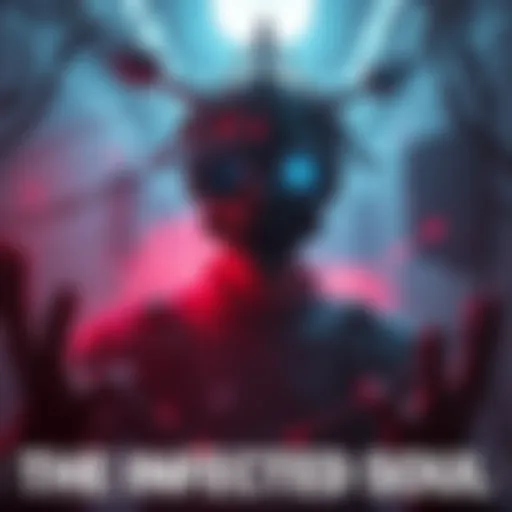 A striking artwork for The Infected Soul, showcasing a character with a neural implant in a distorted reality, surrounded by eerie elements of a psychological horror setting.