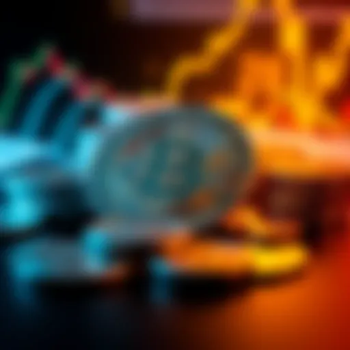 A graphic representation of The Knockout Bit digital currency with digital coins and financial symbols