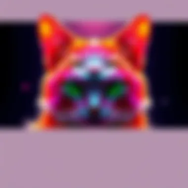 A vibrant and creative artwork titled 'The Meow', showcasing unique colors and patterns created with the Mango model.