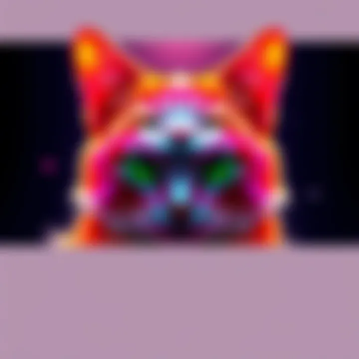 A vibrant and creative artwork titled 'The Meow', showcasing unique colors and patterns created with the Mango model.