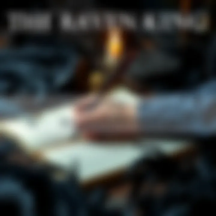 A person writing in a diary with a quill, surrounded by dark feathers and a candle, reflecting on thoughts of The Raven King