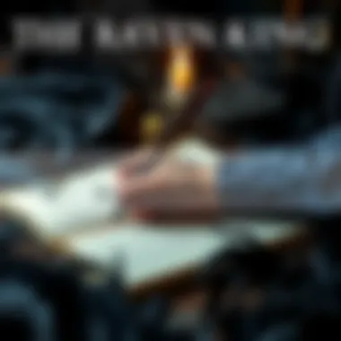 The Raven King Diary Entry A person writing in a diary with a quill, surrounded by dark feathers and a candle, reflecting on thoughts of The Raven King
