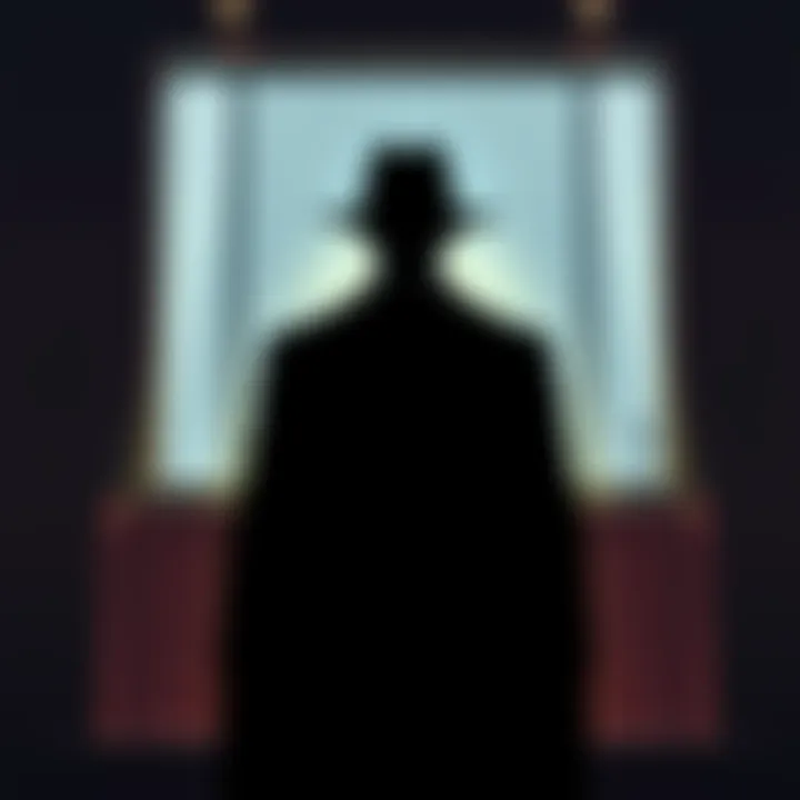 A dark silhouette of The Shadow character in a courtroom setting, representing the legal discussion around public domain usage.