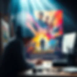 An artist working on a colorful theoretical movie poster, showcasing a mix of film elements and creative designs influenced by content regulations.