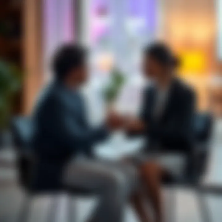 A therapist is seated with a client, both expressing concern about the future