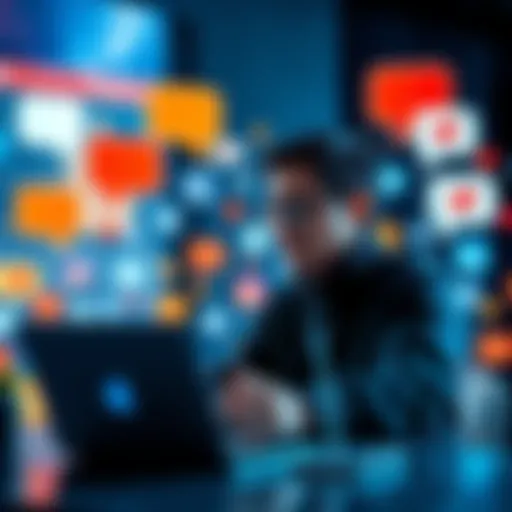 A person discussing media culture with a laptop, with social media icons and speech bubbles in the background.