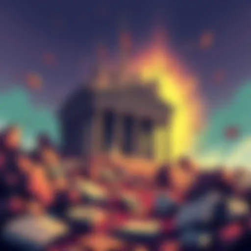 An illustration showing a crumbling building symbolizing the collapse of Peter Thiel's elite society, with broken pillars and scattered documents.