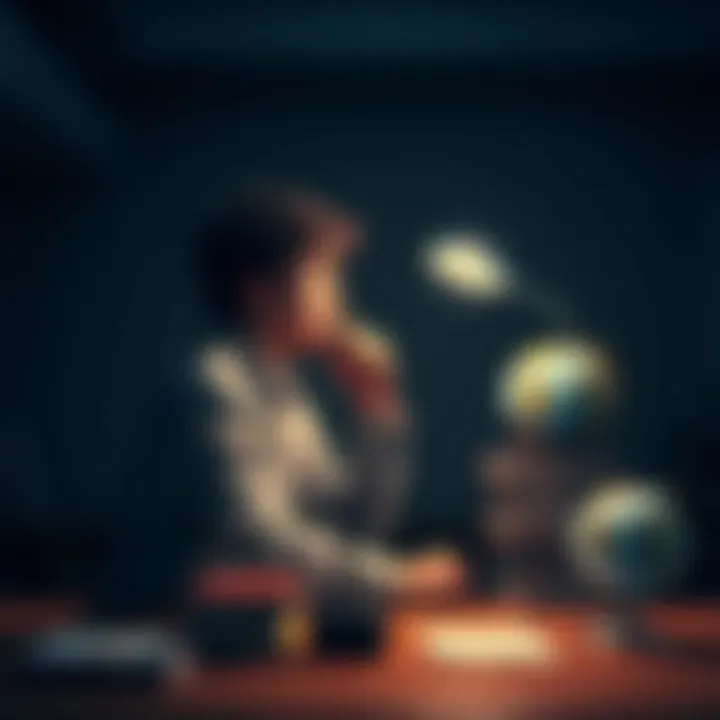 Thinking about Curiosity A person sitting at a desk, looking thoughtfully at a stack of books and a globe, symbolizing the quest for knowledge and curiosity.