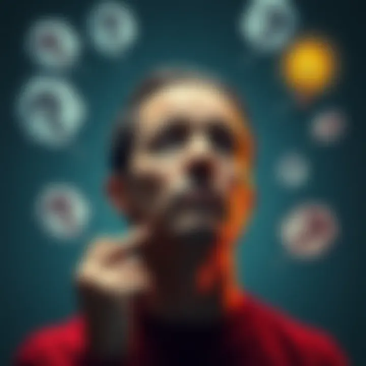 A person deep in thought with a contemplative expression, surrounded by thought bubbles containing question marks and light bulbs, illustrating reasoning and understanding.