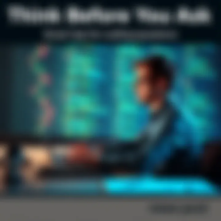 A person sitting at a desk, looking thoughtful while typing on a laptop, with coding symbols around them