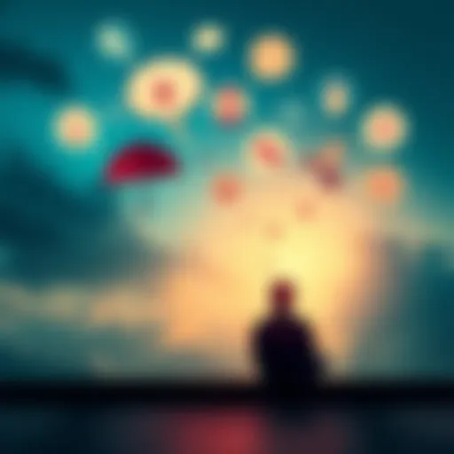 A person sitting quietly, with thought bubbles above their head filled with various symbols representing different thoughts and feelings, showing the concept of intrusive thoughts.