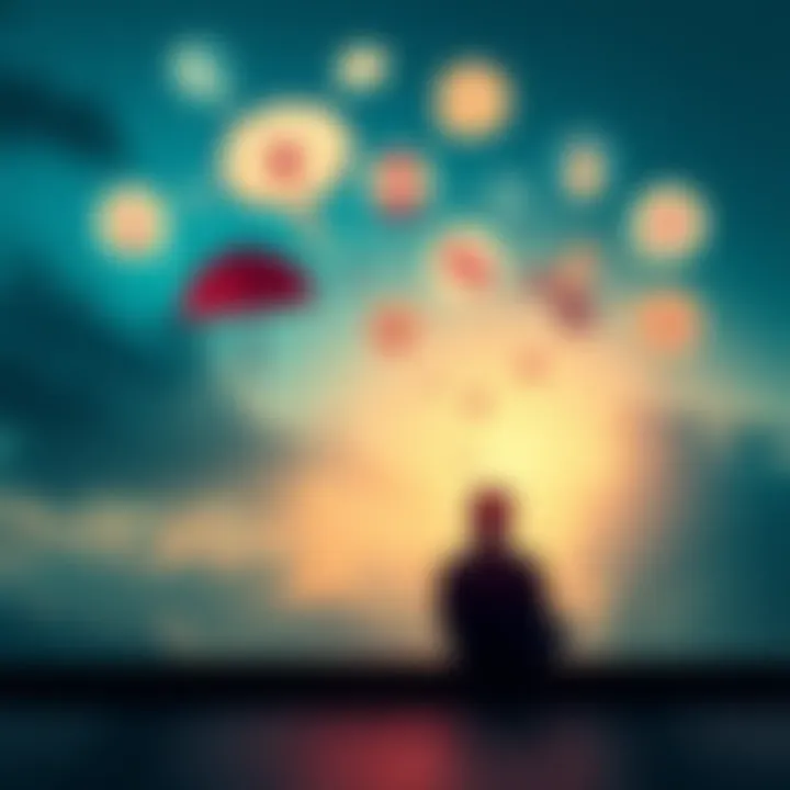 A person sitting quietly, with thought bubbles above their head filled with various symbols representing different thoughts and feelings, showing the concept of intrusive thoughts.
