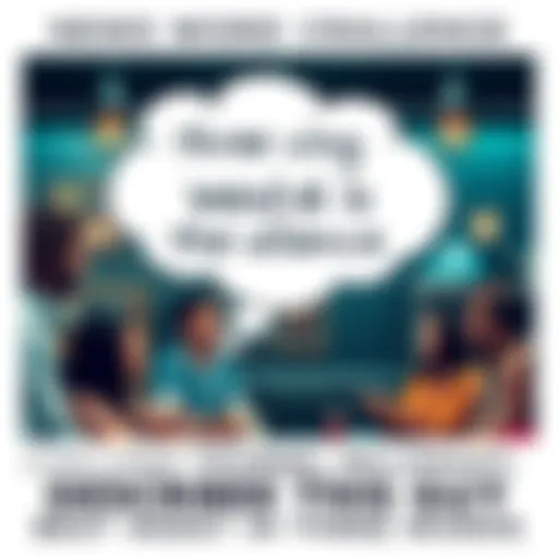 A thought bubble with three words reflecting personality traits, surrounded by diverse people discussing in a casual setting.