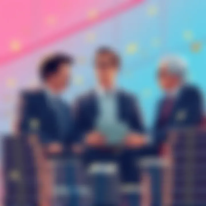 Illustration showing three business leaders discussing venture capital strategies with stacks of money around them.