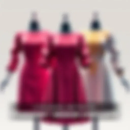 Three different dress designs featuring thicker arms, a simple dress, and a golden pattern on one of them