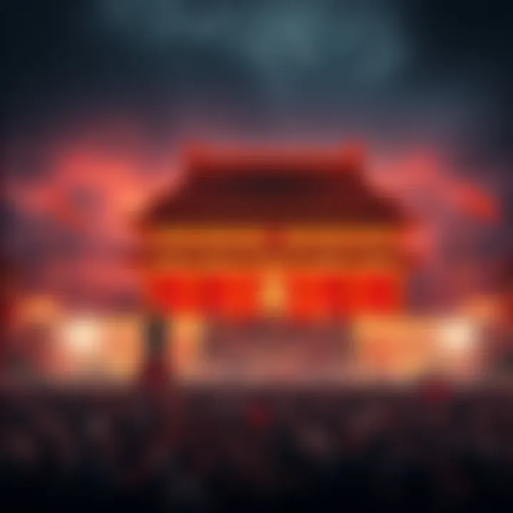 A powerful depiction of Tiananmen Square with crowds and historical landmarks