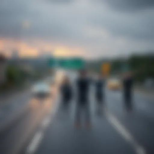 A group of people standing dangerously close to a busy motorway while recording a video for social media