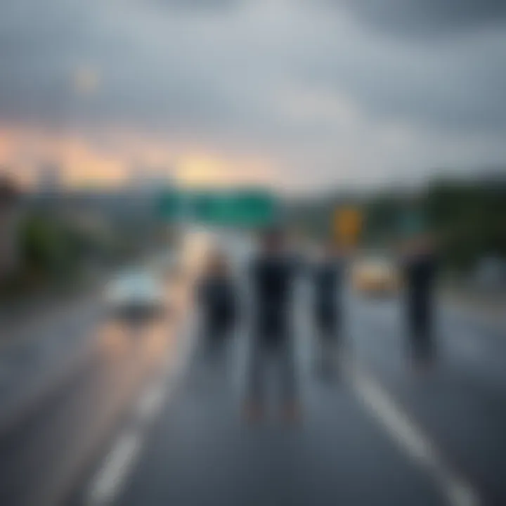 A group of people standing dangerously close to a busy motorway while recording a video for social media