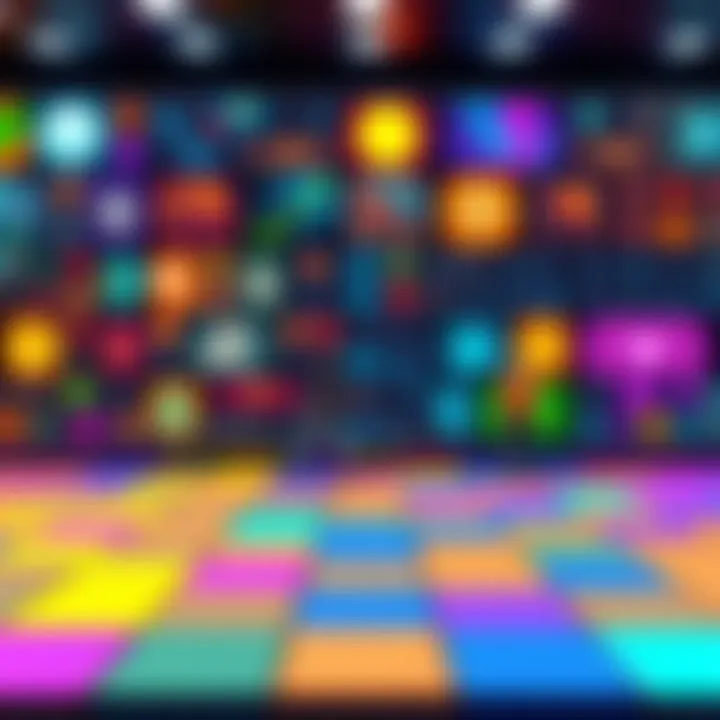 A colorful grid showing different tile designs and character movements in a game setting