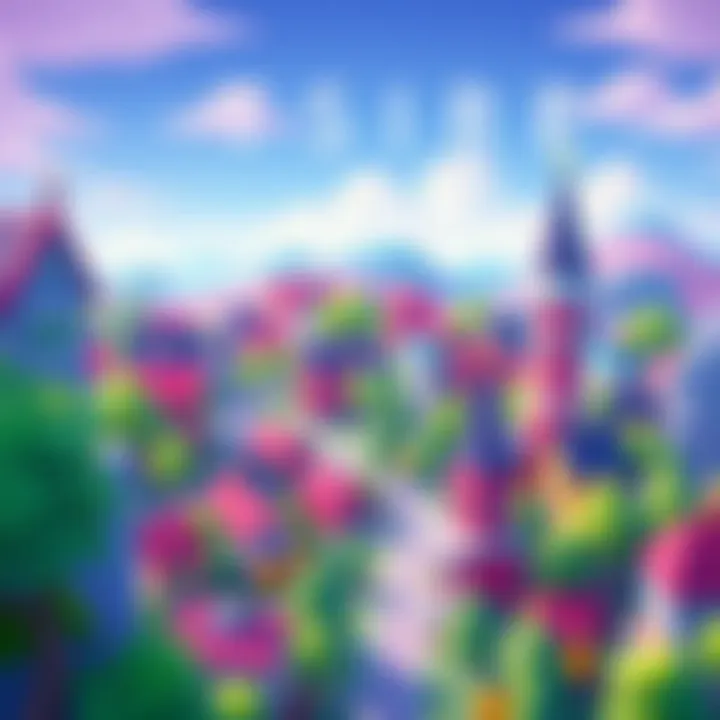 An overview of a vibrant minimalist town in TileShire, showcasing colorful tiles and lively scenery with houses, trees, and pathways.