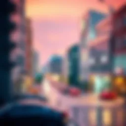 A scene showcasing the tilt shift effect applied in Blender, featuring miniature-like buildings and vibrant colors after rendering.