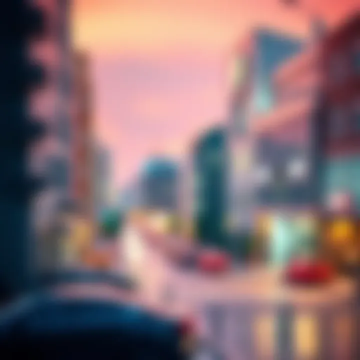 A scene showcasing the tilt shift effect applied in Blender, featuring miniature-like buildings and vibrant colors after rendering.