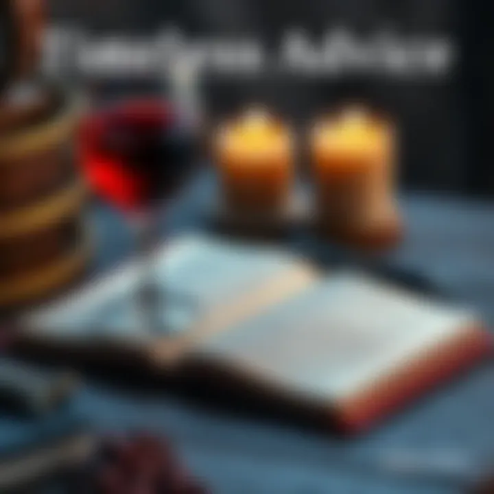 A glass of red wine beside an open book with notes and a pen, symbolizing timeless wisdom.